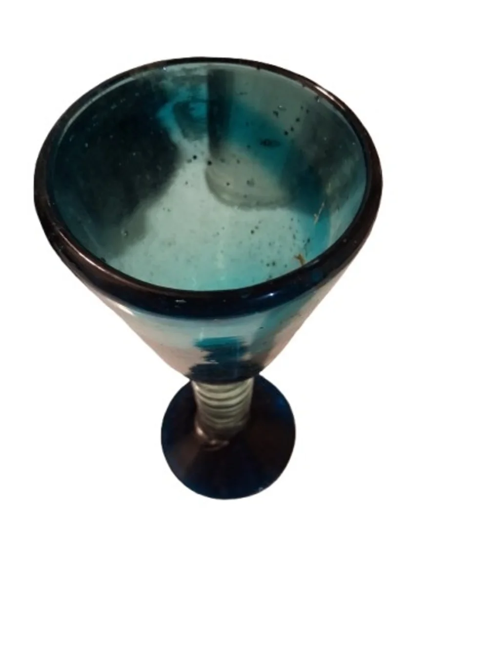 Vtg Hand-blown glass goblet, a turquoise-colored bowl and a clear, twisted